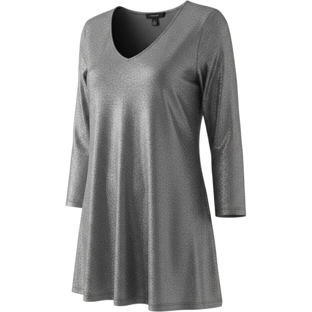 Karen Kane A-Line Dress Womens L Silver Excellent Metallic Long Sleeve V-Neck